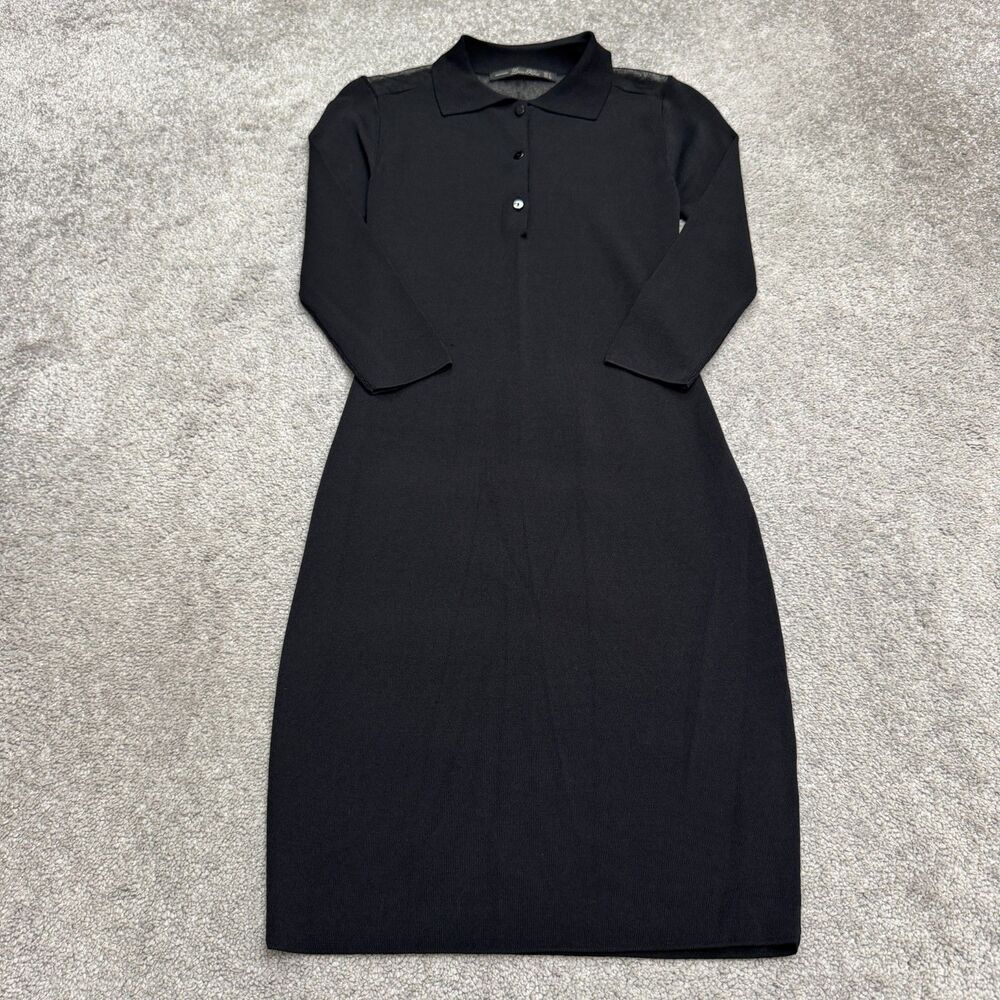 Zara Knit Polo Sweater Midi Dress Womens L Black 3/4 Sleeve Sheer Mesh Stretch